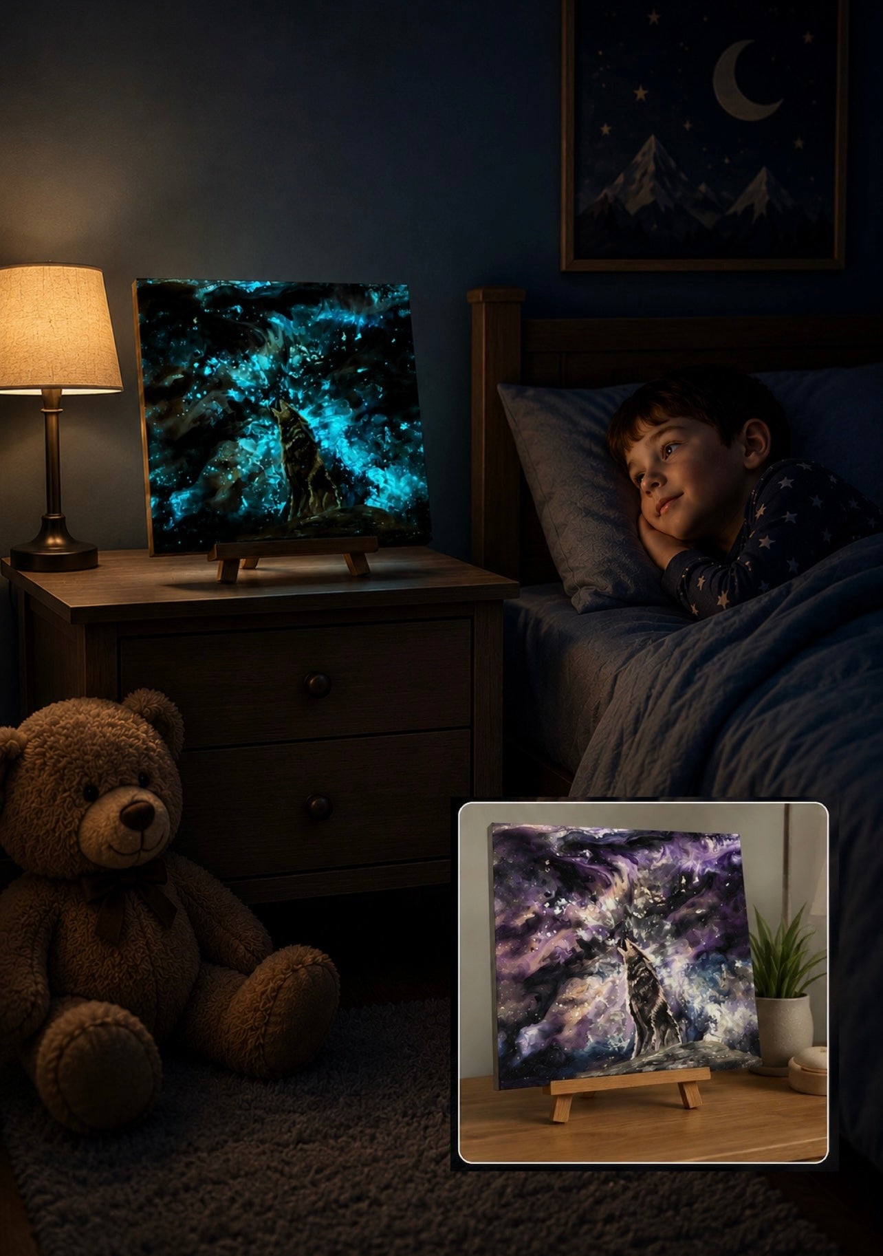 Neurodivergent child looking at glowing wolf artwork by Victoria Wynn on a stand in his bedroom.