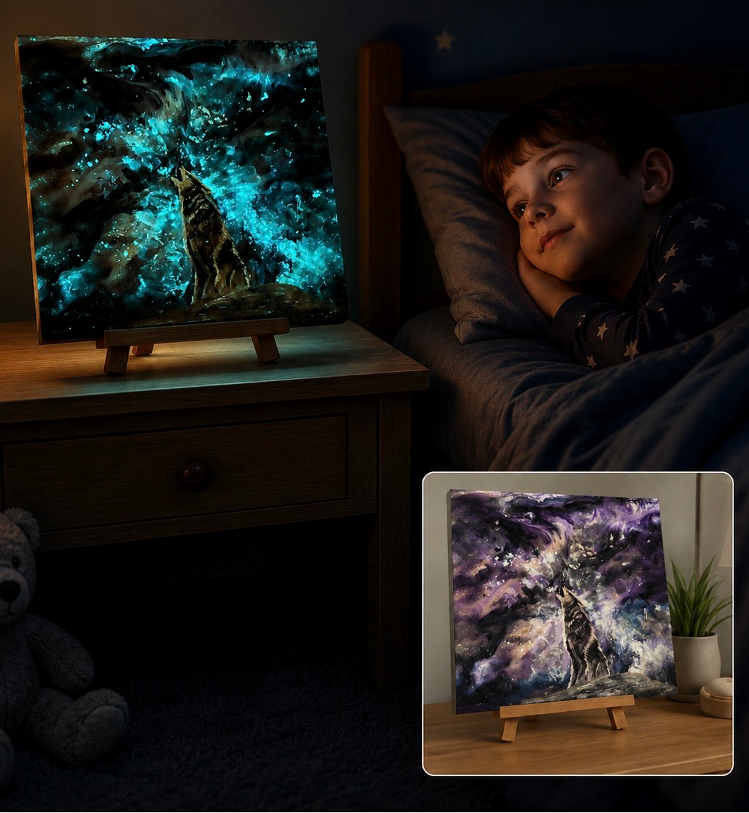 Neurodivergent child looking at glowing wolf artwork by Victoria Wynn on a stand in his bedroom.